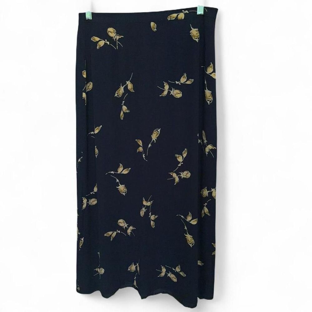 Vtg 90s Talbots Floral Maxi Skirt Flowy Tiered Navy Blue size 12
